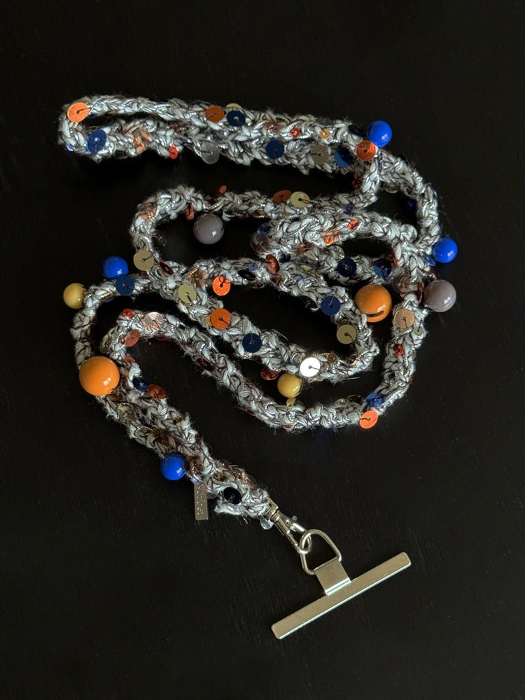 Handmade Crochet Phone Lanyard: Silver Thread with Sequins, Colorful Beads, Perfect Summer Accessory, Gift or Personal Use, Sparkling, Unique Design