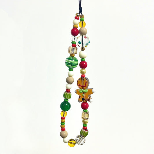 Handmade Christmas Beaded Phone Charm with Gingerbread Man Pendant - Festive Holiday Accessory