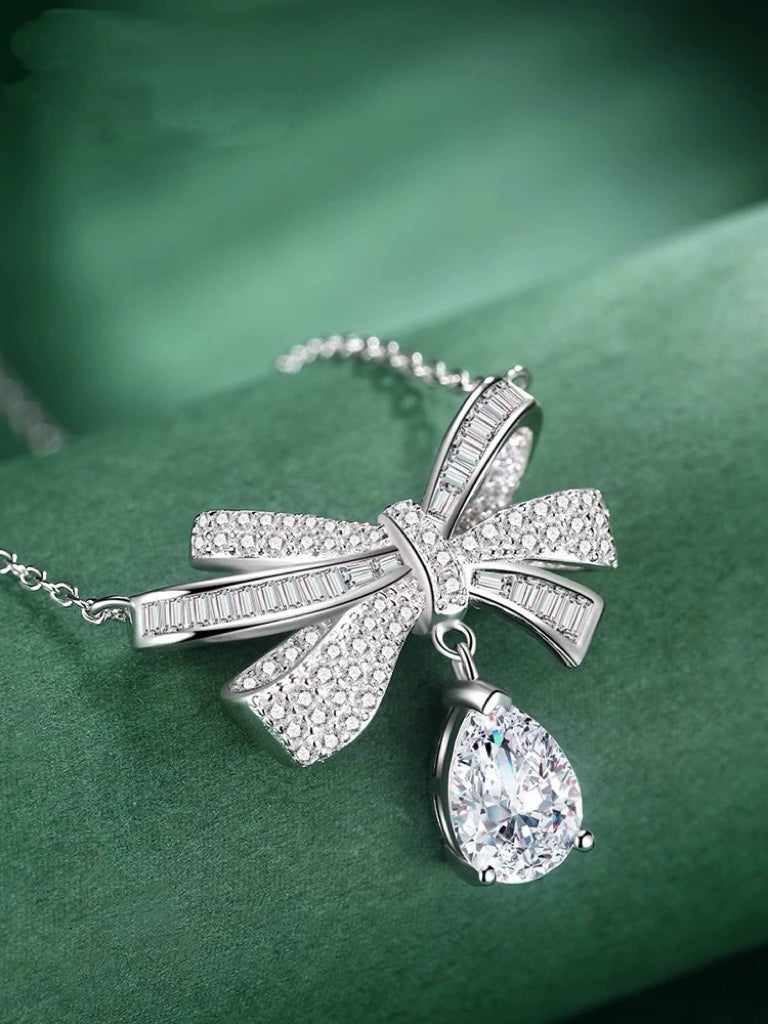 Elegant Bowknot Diamond Necklace with Teardrop Pendant