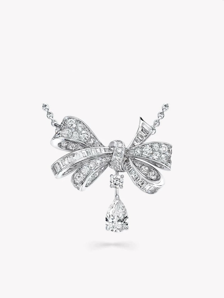 Elegant Bowknot Diamond Necklace with Teardrop Pendant