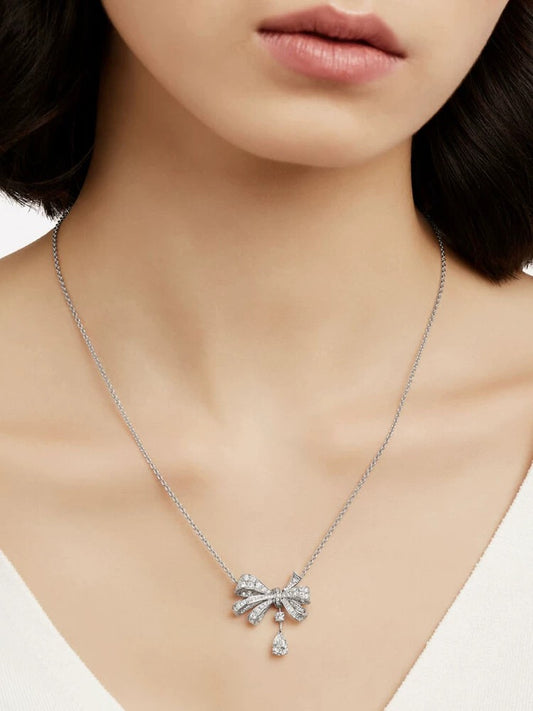 Elegant Bowknot Diamond Necklace with Teardrop Pendant