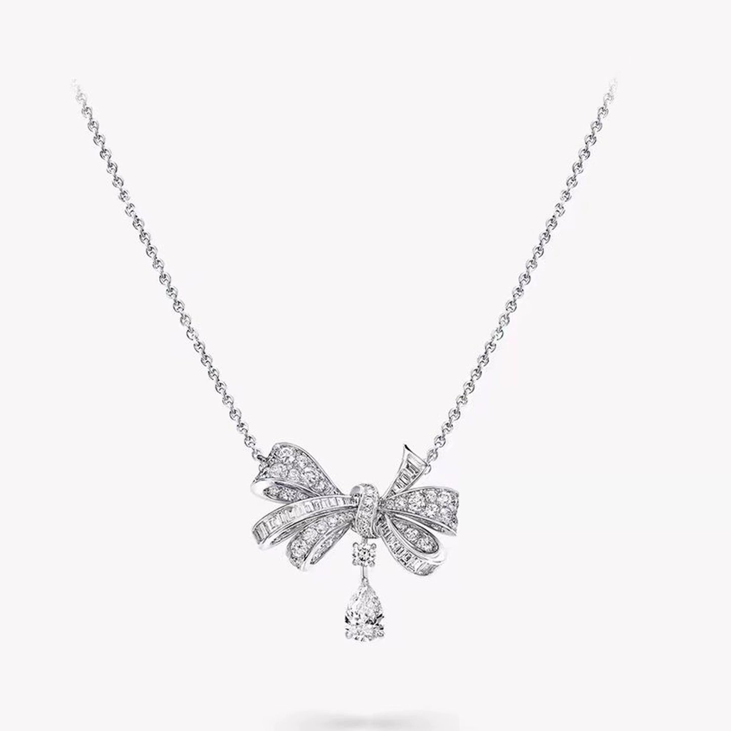 Elegant Bowknot Diamond Necklace with Teardrop Pendant