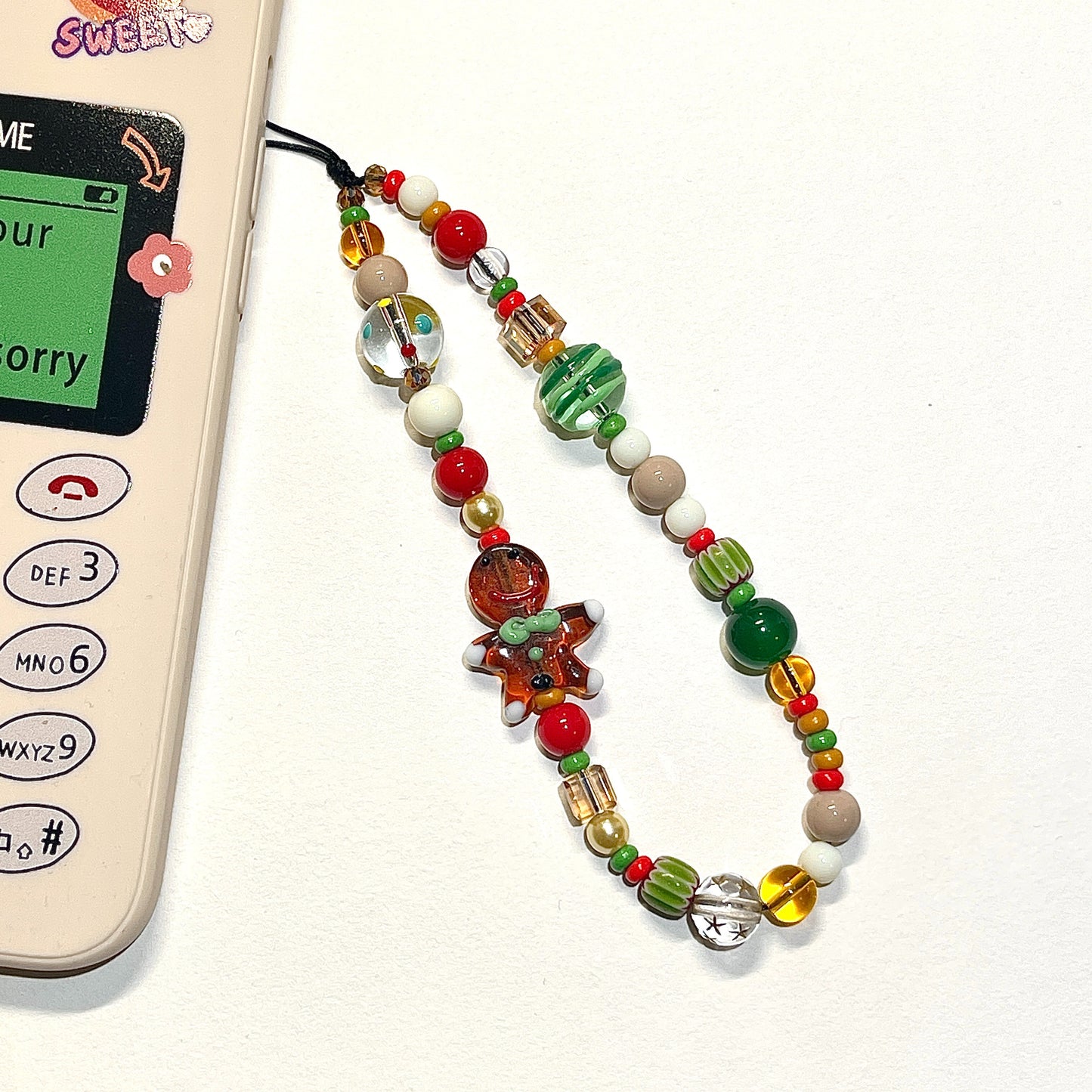 Handmade Christmas Beaded Phone Charm with Gingerbread Man Pendant - Festive Holiday Accessory